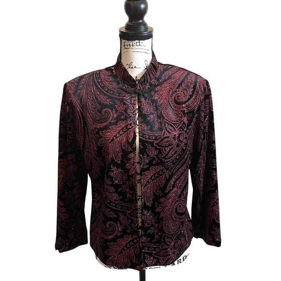 Sheri Martin Velvet Floral Jacket Black red Size 12 Vintage Bling Floral - Picture 1 of 11